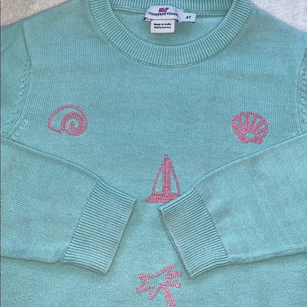 Vineyard Vines Blue Green Sweater 4T GUC Beach Shells Sailboat - Picture 6 of 10